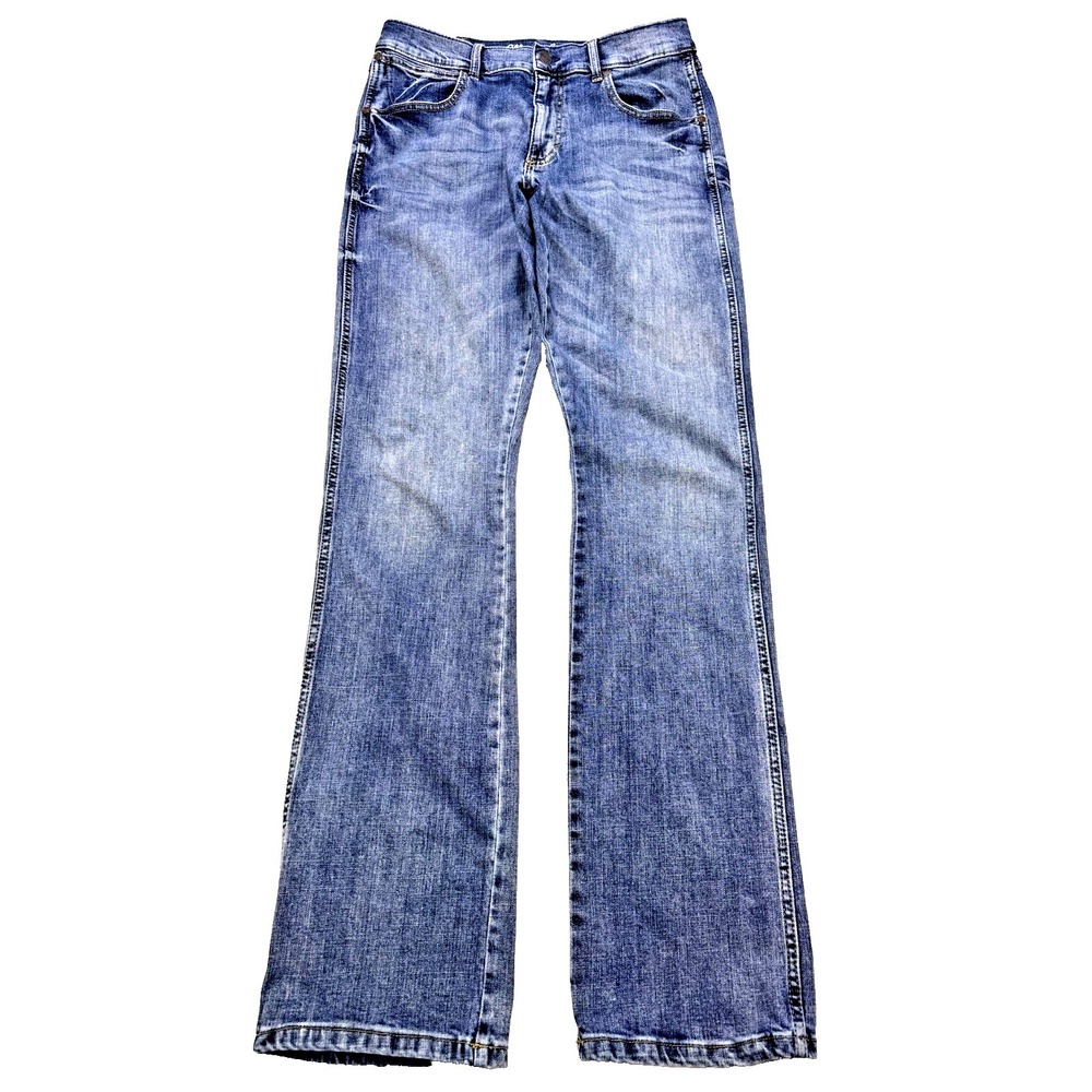 Wrangler Retro Jeans Men's 33x36 Blue Relaxed Boot Whisker Distressed Denim